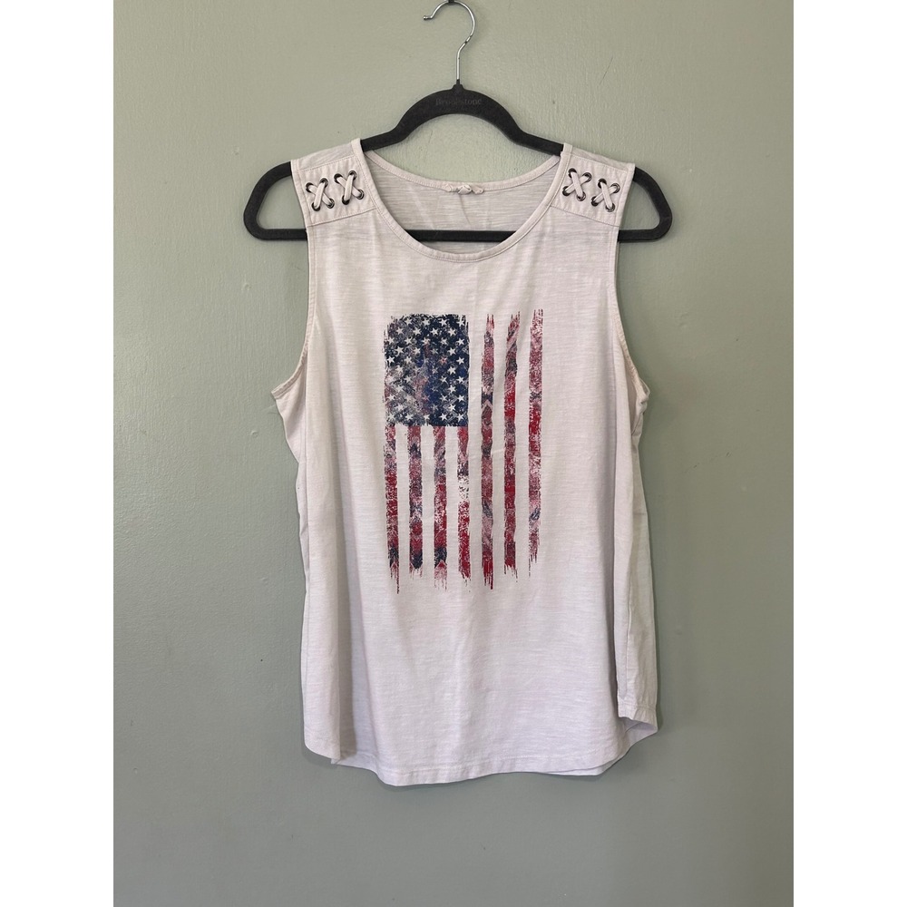 Vintage American Flag Graphic Tank Women's Large Patriotic Lace Detail